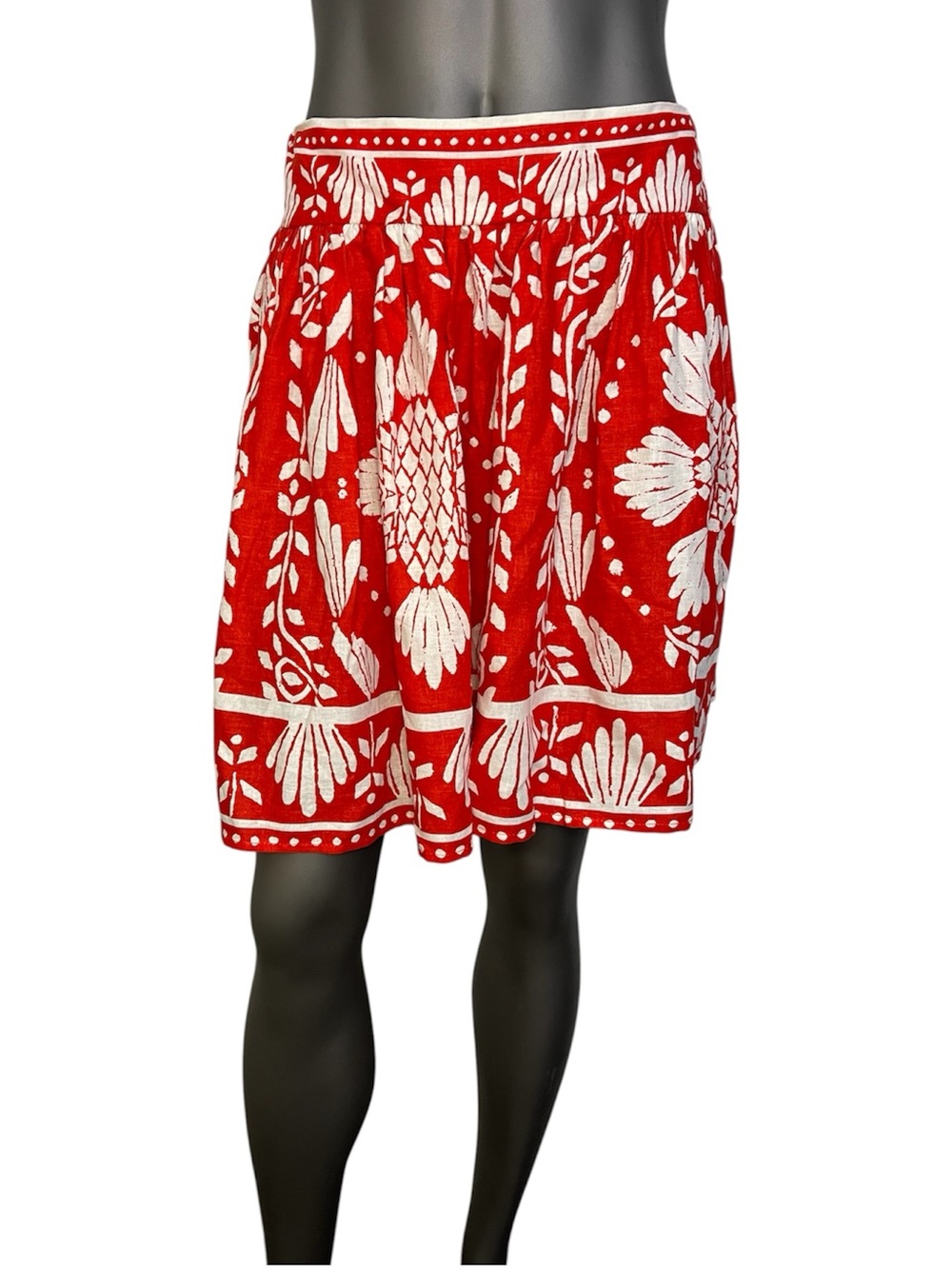 Haute Hippie Skirt S Linen Rayon Red & White Pineapples Midi Elastic Waist Midi